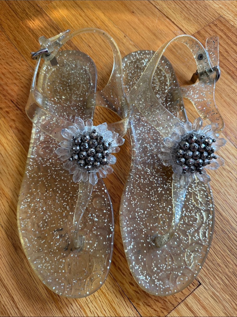 Coach Glitter Jelly Thong Sandals Jeweled Flower Clear Size 6.5